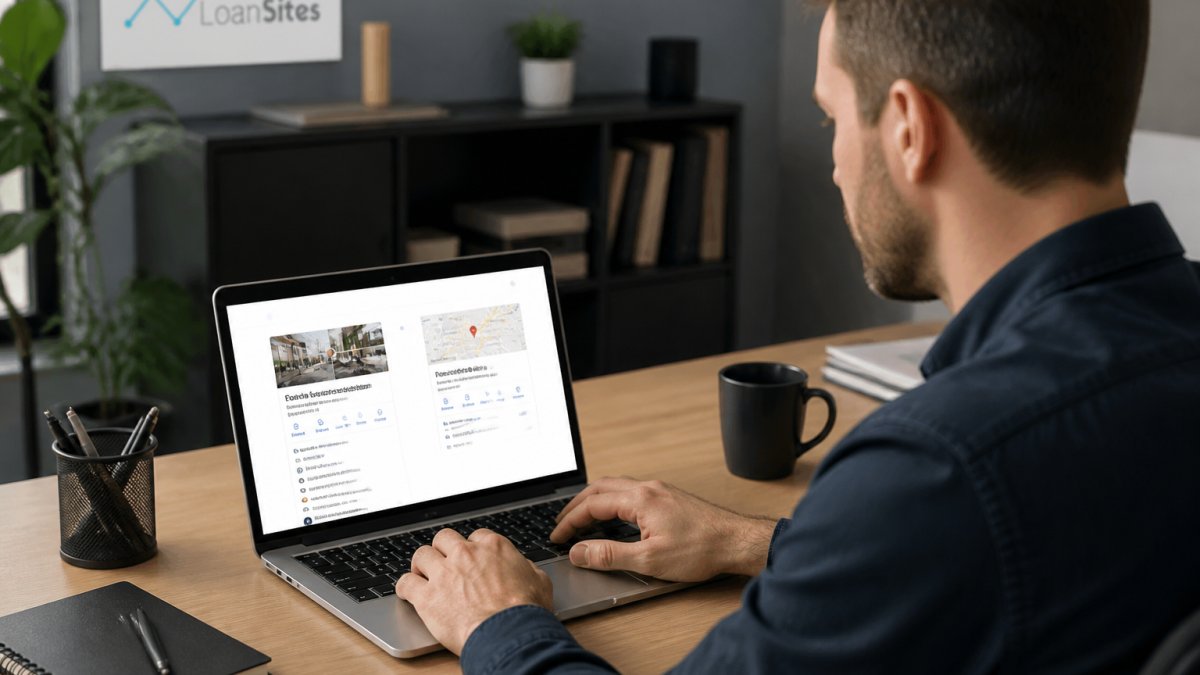 Mortgage loan officer reviewing a Google Business Profile listing on a laptop in a modern office