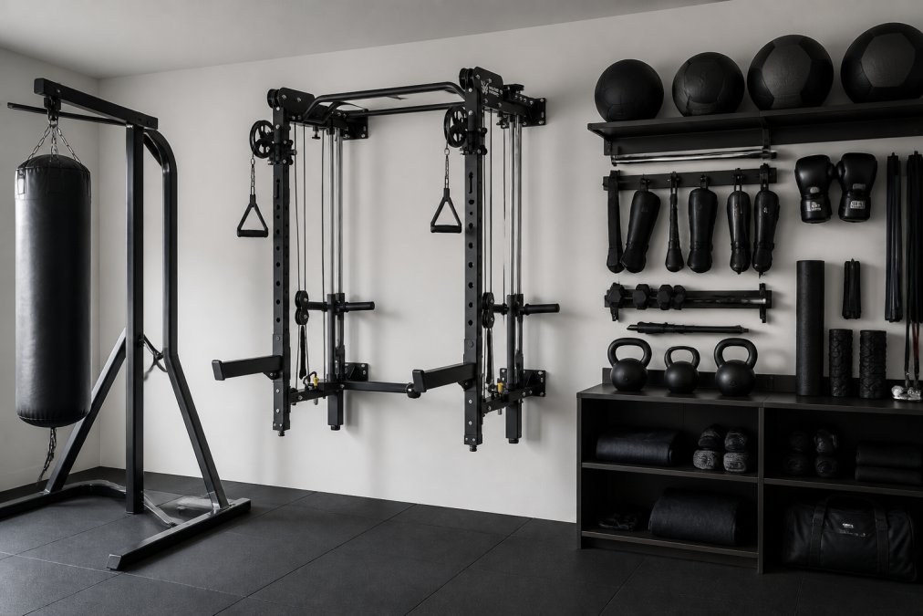 Well-organized home martial arts gym with heavy bag stand, wall-mounted power rack, and equipment neatly arranged on wall-mounted racks with organized shelving