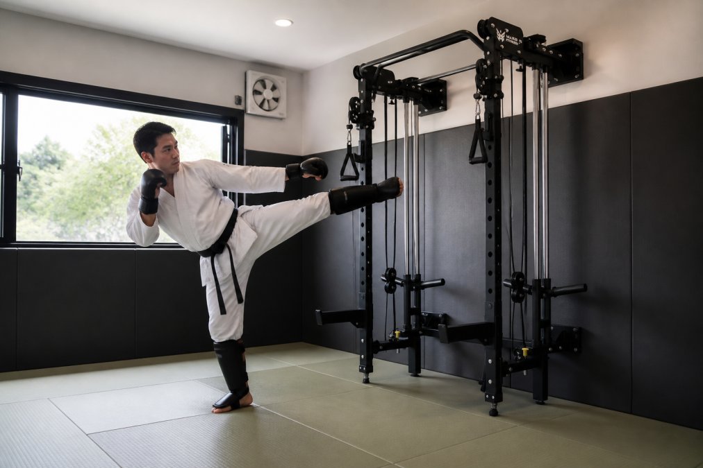 Brightly lit home gym space with foam padding on walls, tatami mats on floor, and person in protective gear executing striking technique with proper form