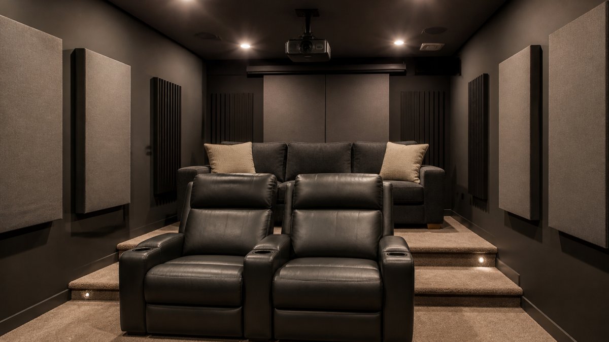 Diagram showing tiered seating arrangement for maximizing space in a compact home theater room layout.