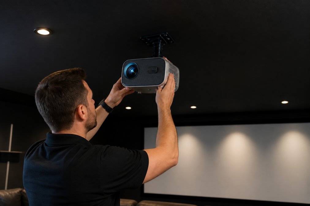 Professional technician mounting a home theater projector to a dark ceiling in a dedicated media room, with the projector aligned perpendicular to a white projection surface below, showing proper installation angle and spacing