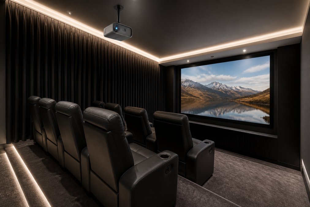 A modern home cinema room featuring comfortable power reclined theater seating arranged in two rows, blackout curtains drawn along the walls, a large projected image on a white screen, and soft ambient lighting around the perimeter of the room