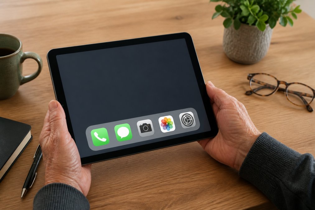 Senior's hands holding an iPad with a clean, organized home screen displaying large app icons and a simplified dock at the bottom with five essential apps clearly visible