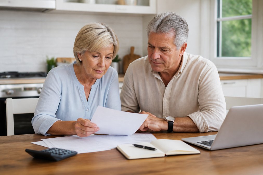 A couple reviewing legal paperwork to register their lasting power of attorney document at a kitchen table.