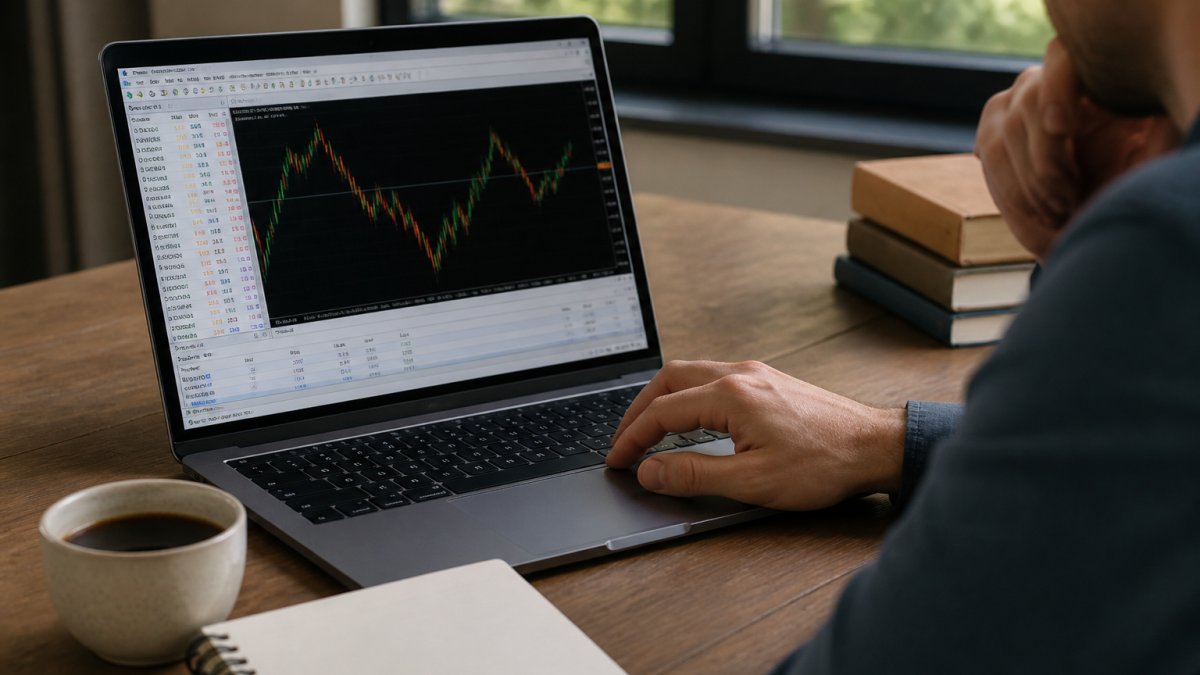 Infographic showing how to set up MetaTrader 5 with a laptop displaying trading charts and a desk workspace.
