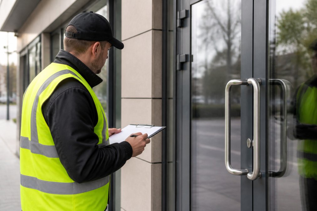 Security professional in high-visibility vest conducting site inspection, examining window locks and entry points on commercial building exterior in daylight