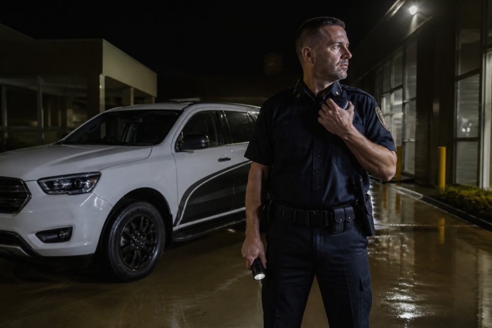 Licensed security officer in uniform standing beside marked patrol vehicle at night outside commercial property, with communication equipment and flashlight visible