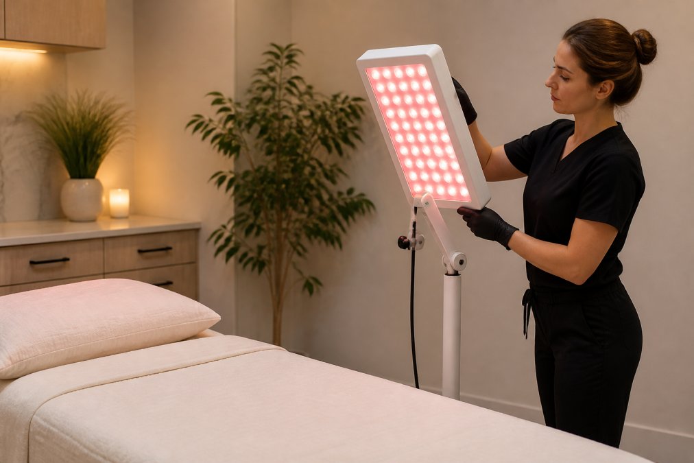 Clinician adjusting a red light therapy panel beside a treatment bed in a clean, professional med spa room