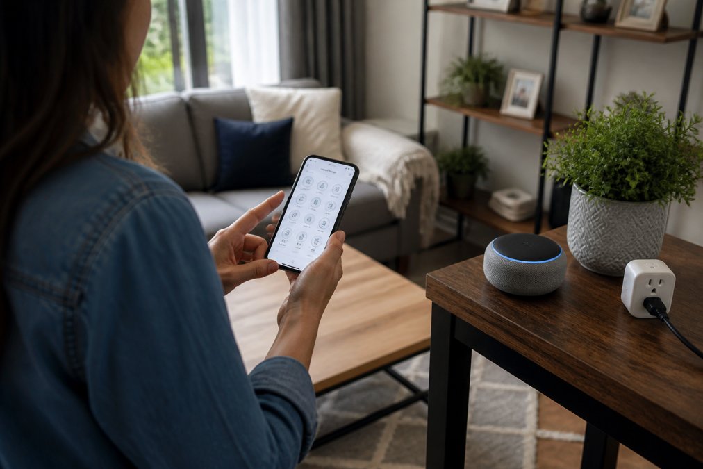 A person holding a smartphone with a smart home app open, standing in a cozy living room with a smart speaker and smart plug visible on a side table