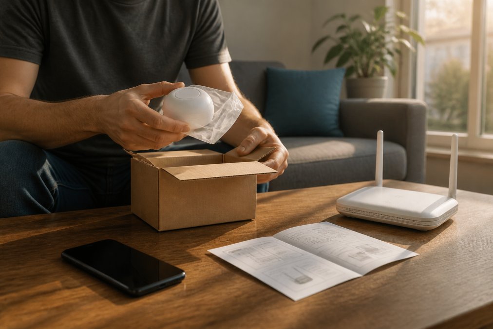 A person unpacking a new smart home device on a living room coffee table, with a smartphone, Wi-Fi router, and paper quick-start guide spread out beside the box, warm afternoon light through nearby windows