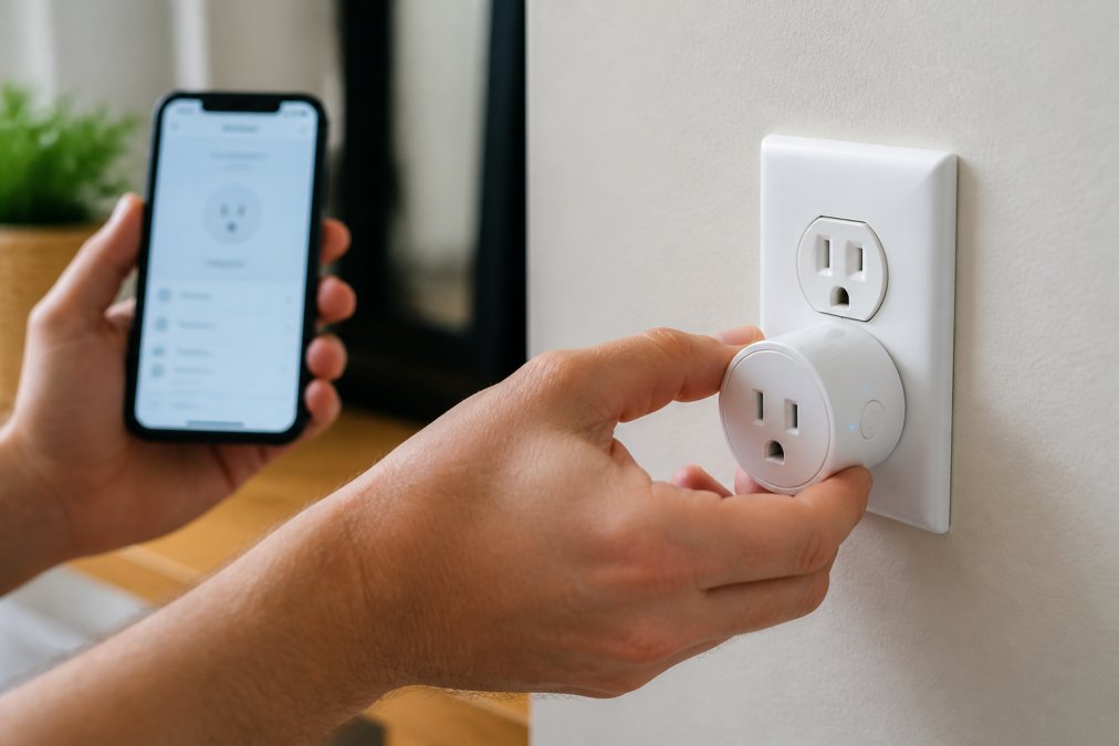 Close-up of hands inserting a smart plug into a wall outlet with a smartphone displaying a setup app visible in the background