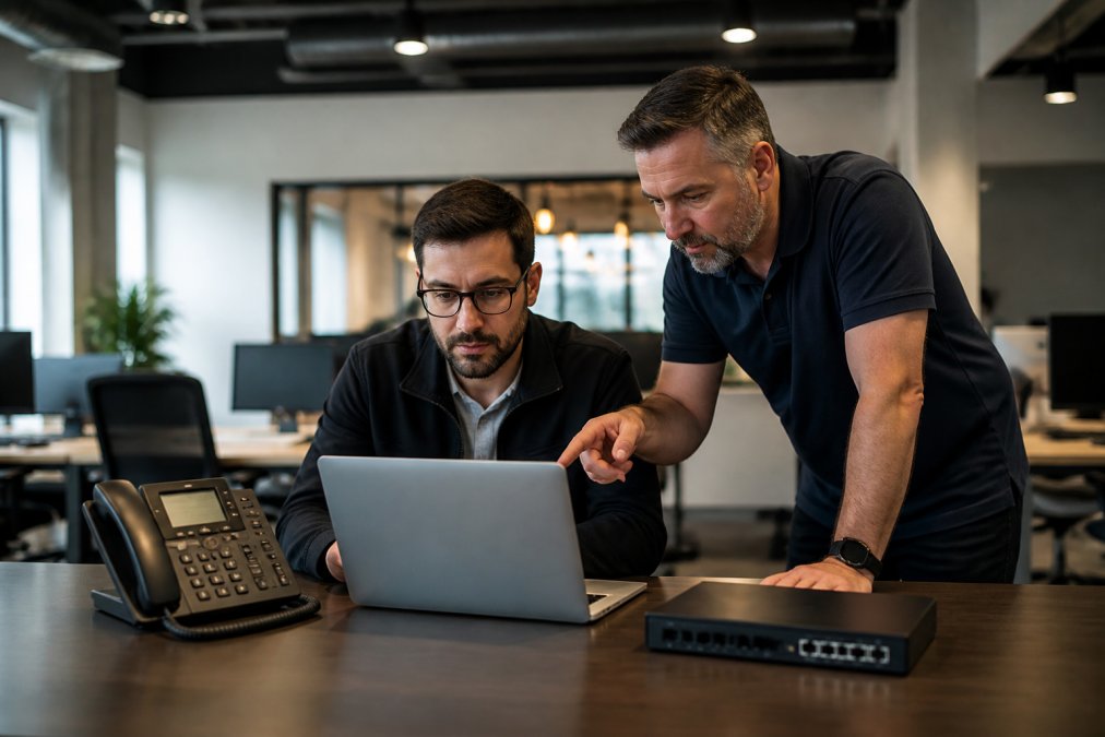 An IT manager configuring a phone system on a laptop in a modern small business office, with a colleague looking on and pointing at the screen