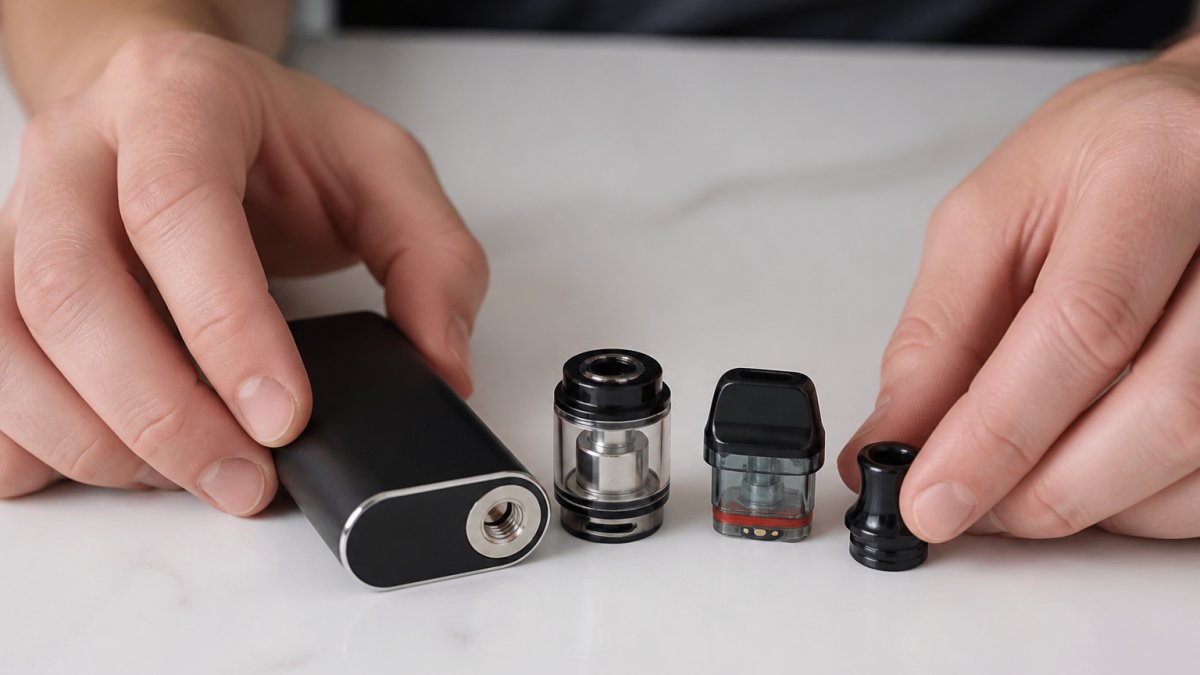 Diagram illustrating the assembly process for vape components including the battery, tank, pod, and mouthpiece.