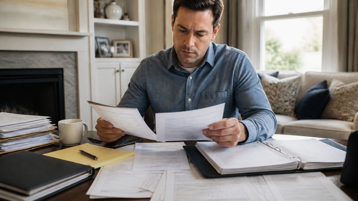 Adult child sitting at a desk surrounded by documents, will, and financial papers, reviewing estate paperwork with focused attention in a home office setting with natural daylight