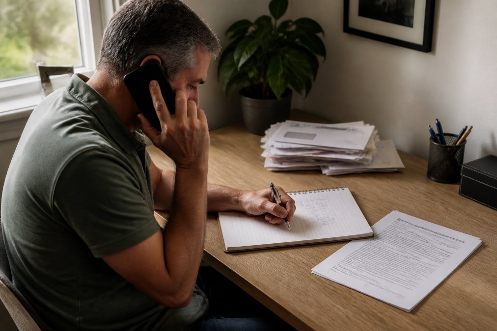 A person sitting at a home desk, phone pressed to their ear, holding a pen over a notepad with figures, a stack of mail and a court document nearby, natural daylight from a window