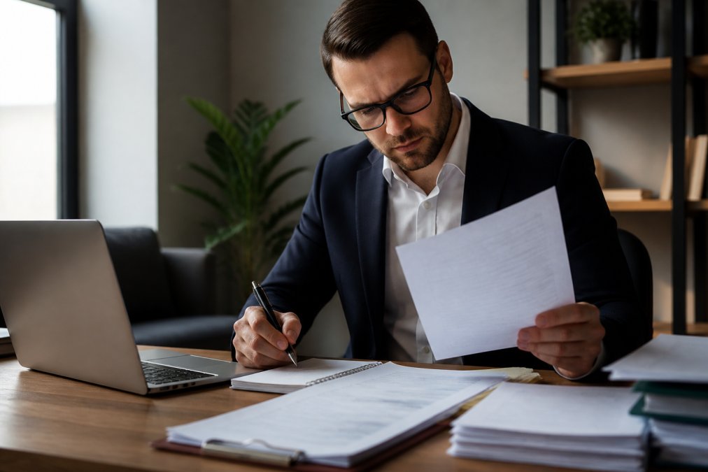 Professional reviewing settlement documents and correspondence at a desk with a laptop, pen, and financial papers spread out