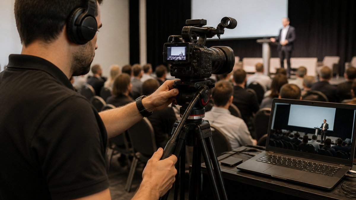 An AV technician adjusting a camera on a tripod in a conference room, with a stage and presentation screen visible in the background and a laptop showing a live video feed nearby