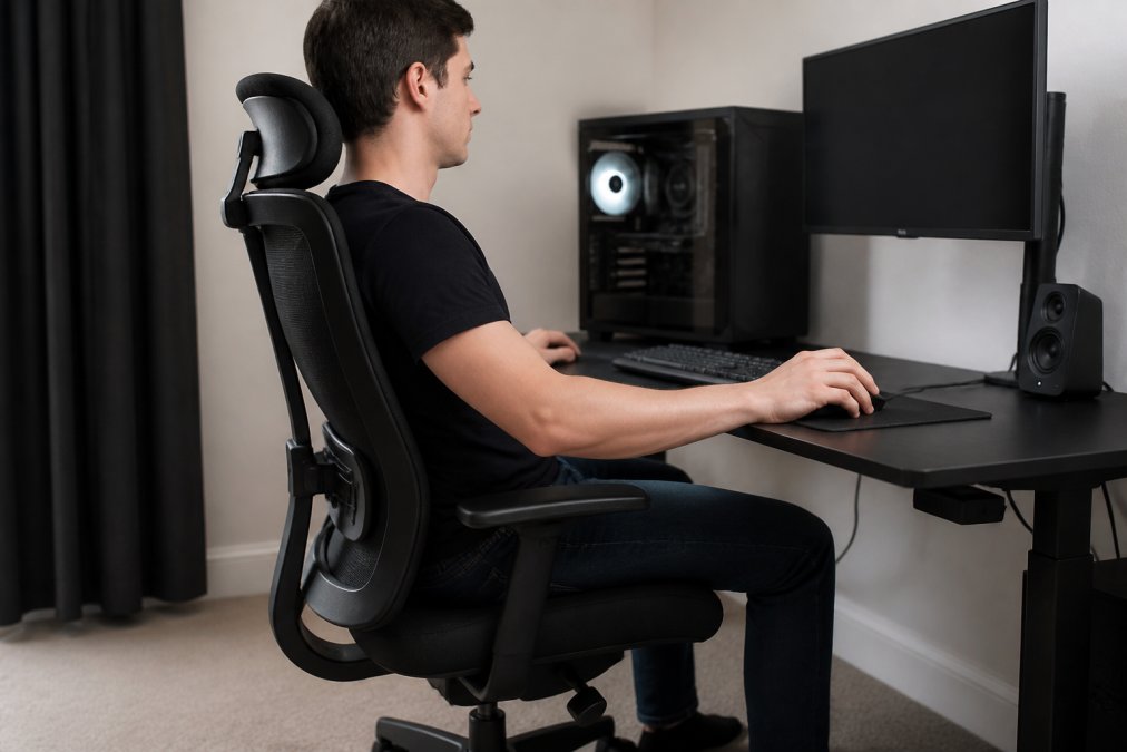 Gamer seated in ergonomic chair at gaming desk demonstrating proper posture with feet flat on floor, back firmly against lumbar support, and arms positioned at 90-degree angles with neutral wrist position