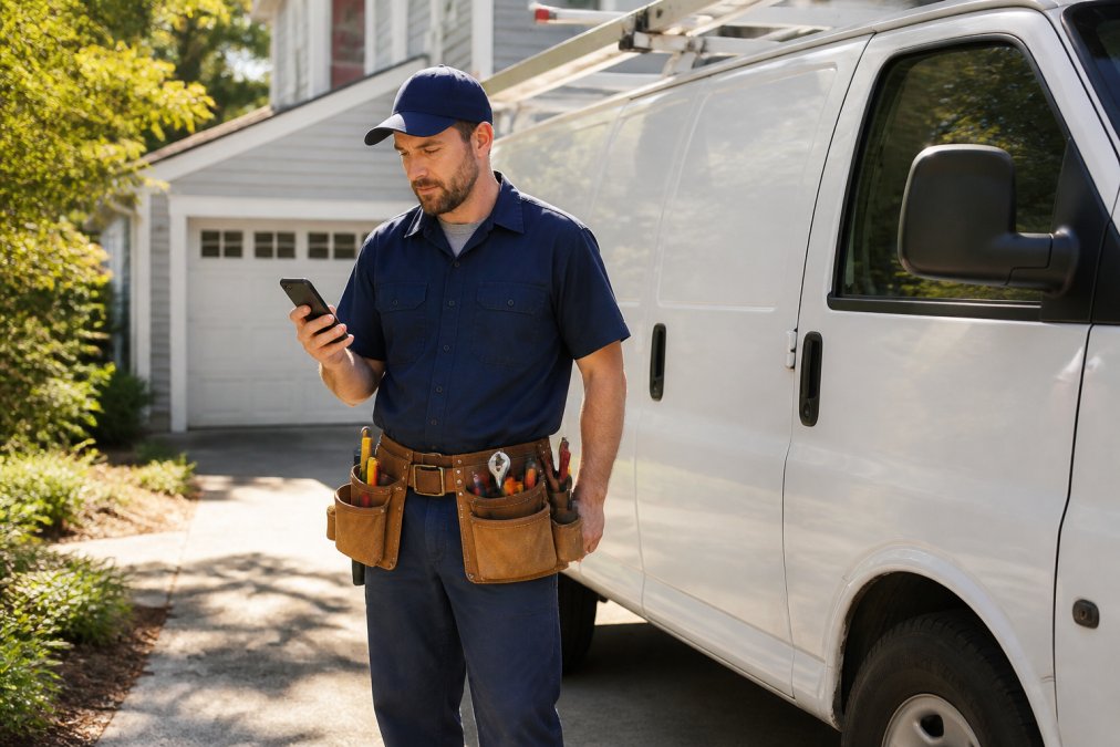 A plumber in work clothes and a tool belt standing next to a white service van in a residential driveway, glancing at a smartphone screen with an alert notification visible, afternoon sunlight