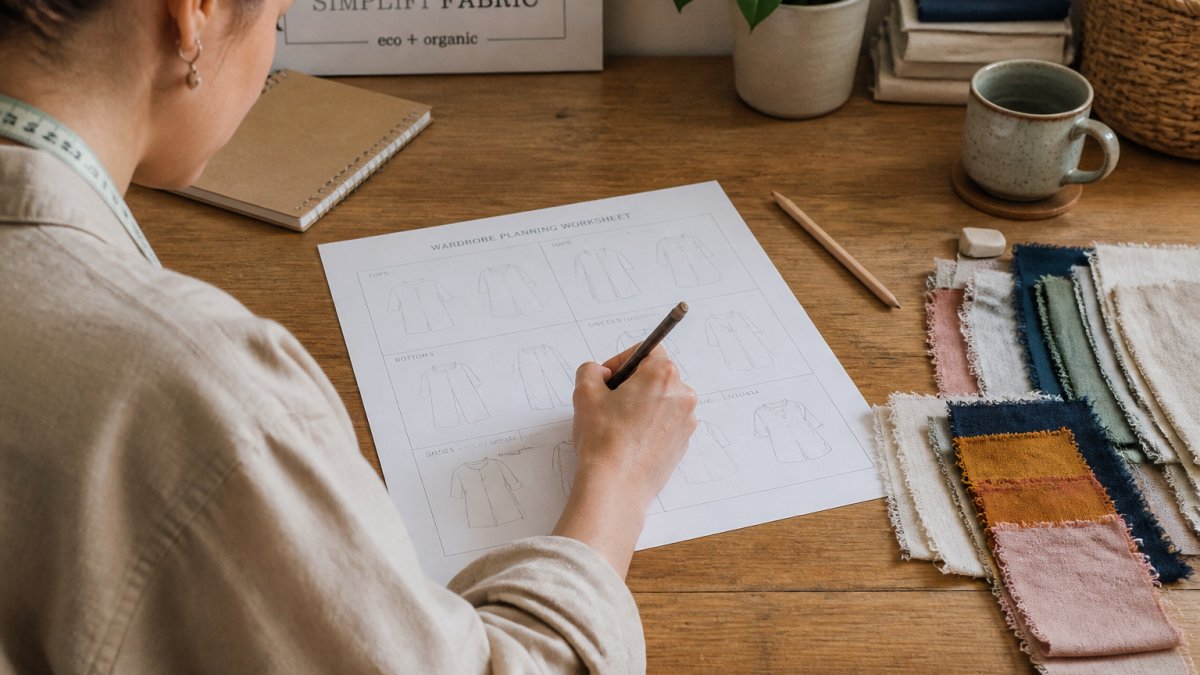 Handwritten wardrobe planning worksheet with fabric swatches on a wooden table to map out clothing items