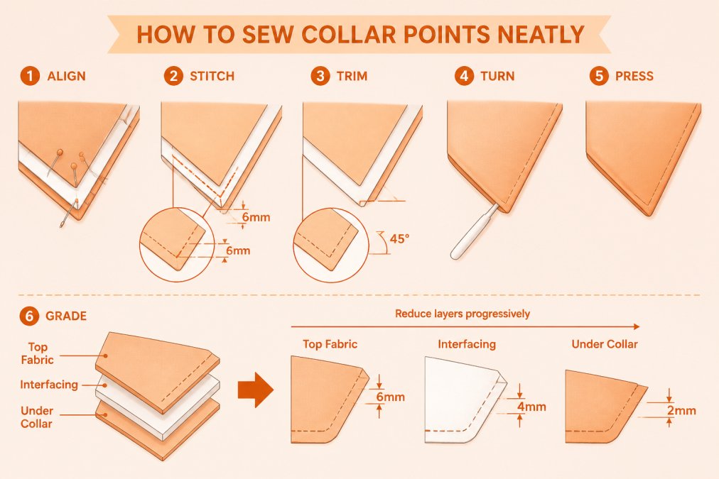 Step-by-step diagram showing collar point construction with stitching line placement, seam allowance width of 6mm, trimming angles at 45 degrees, and grading technique showing three layers of fabric reduced progressively