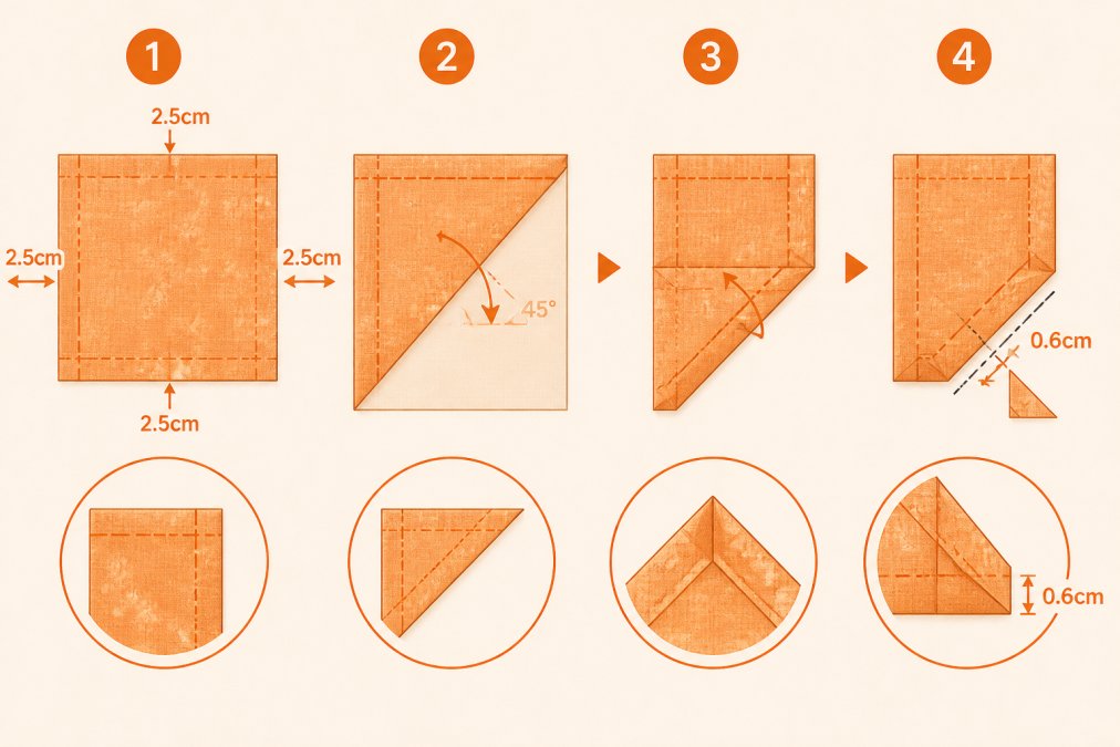 Step-by-step diagram showing mitered corner folding sequence with four stages: initial fabric square with 2.5cm hem markings on all sides, first diagonal fold at 45 degrees, second fold creating the corner point, final trimmed corner with 0.6cm seam allowance remaining