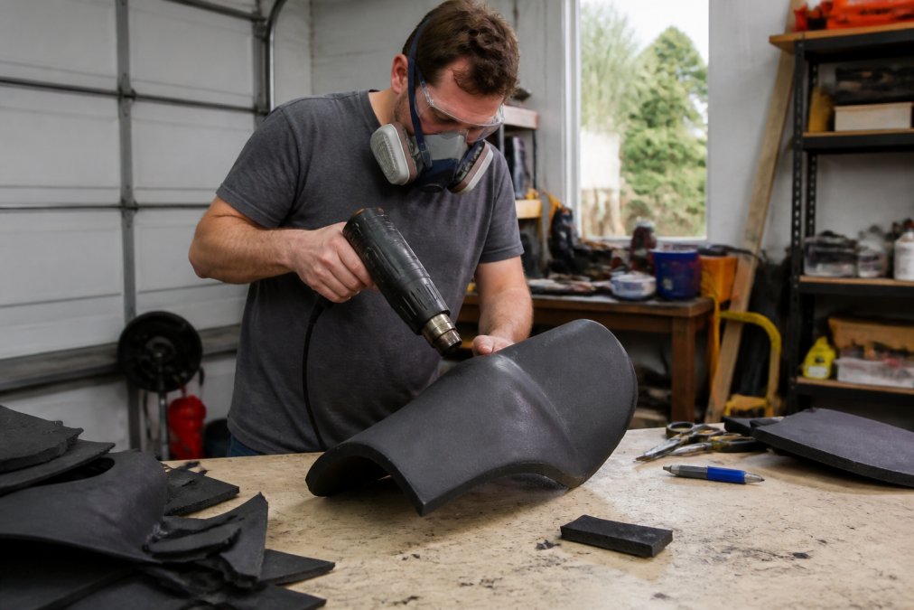 Crafter using a heat gun to shape foam armor on a workbench in a workshop