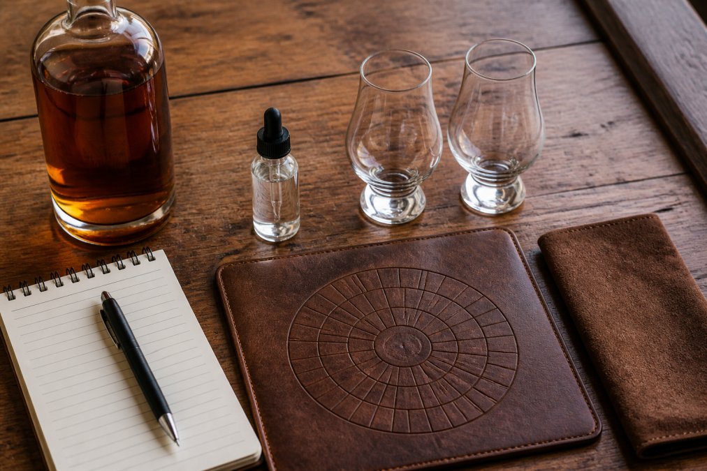 Flat-lay arrangement of bourbon tasting essentials including two Glencairn glasses, a water dropper bottle, tasting mat with flavor wheel, notepad, pen, and a bourbon bottle on weathered wooden surface with warm natural lighting