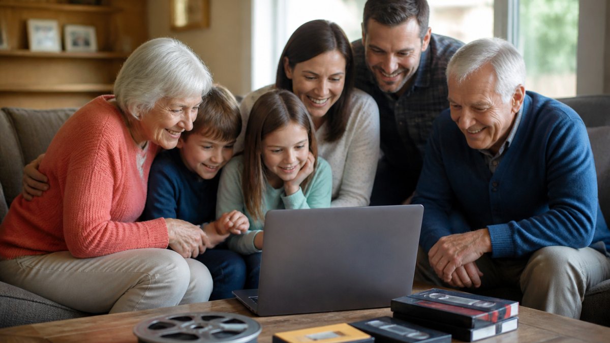 Multigenerational family gathered around a laptop to share digitized family videos in a warm, cozy home setting.