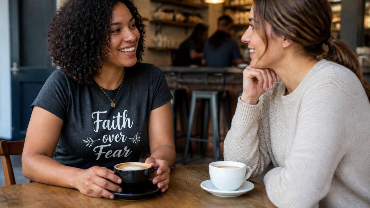Infographic showing a step-by-step process for starting faith conversations when wearing a message T-shirt