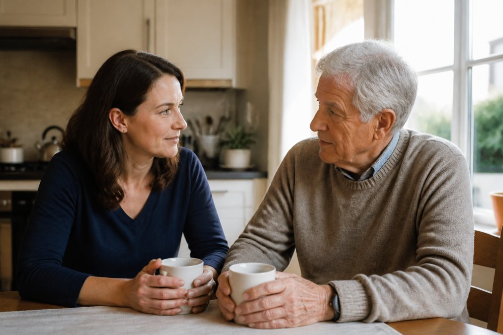 An adult child and their aging parent sitting together at a kitchen table, having a calm and supportive conversation over coffee, warm natural light through a window