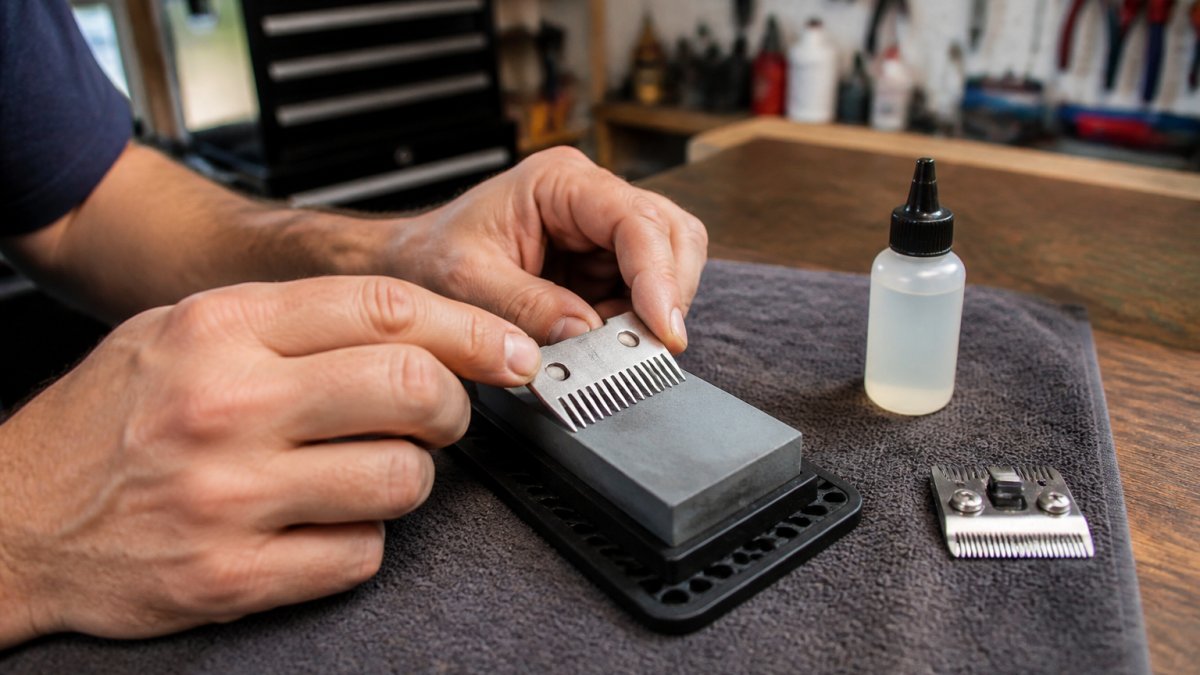 Hands sharpening a detached metal clipper blade on a whetstone with oil nearby on a garage workbench