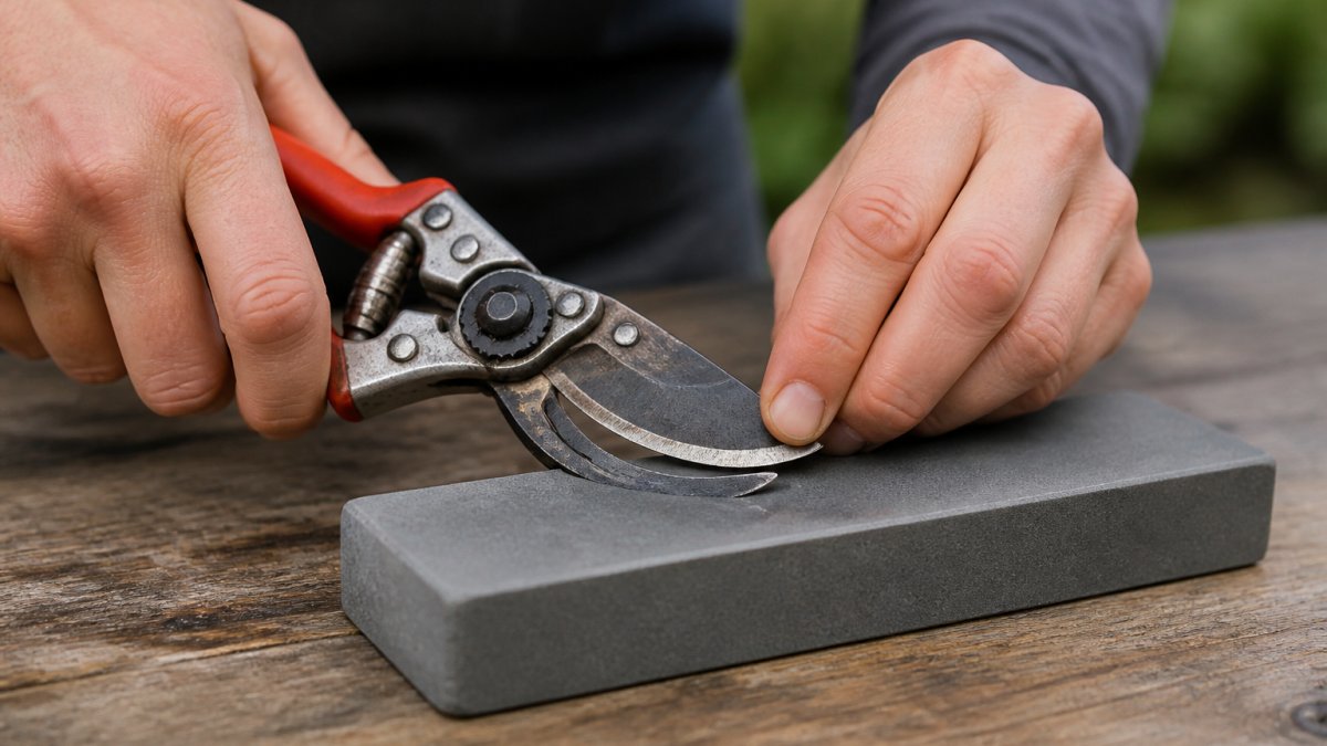 Close-up of hands holding pruning shears at a consistent angle against a sharpening stone, showing proper technique with the cutting blade positioned at 30 degrees and light natural lighting on the work surface