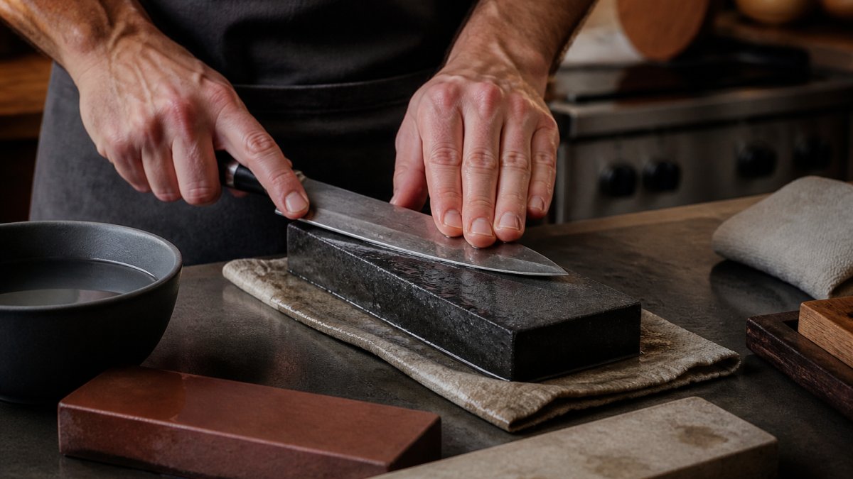 Close-up of a chef's hands holding a kitchen knife at a precise angle on a wet whetstone, water droplets beading on the dark stone surface, warm kitchen lighting, focused concentration
