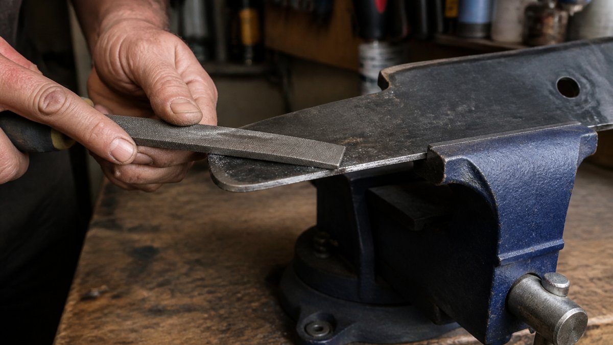 Close-up of a lawn mower blade clamped in a metal vise on a wooden workbench, with a metal file positioned at the cutting edge at a 30-degree angle, metal shavings visible from sharpening, natural workshop lighting