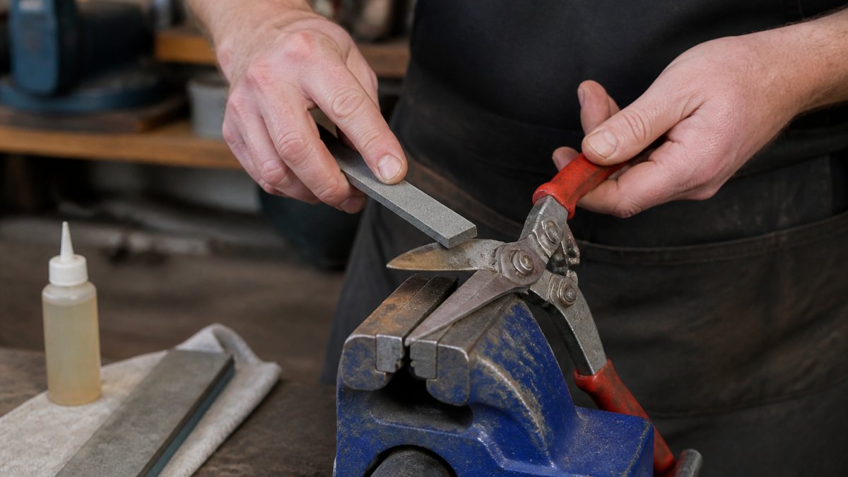 Professional demonstrating sharpening technique with garden shears clamped in a vice, diamond sharpener positioned at correct blade angle against cutting edge in natural workshop lighting