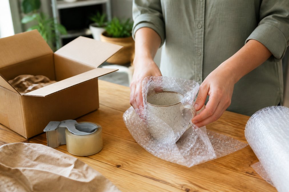 Hands wrapping a ceramic mug in bubble wrap on a wooden table, with a cardboard box, kraft paper, and packing tape nearby in a bright home workspace