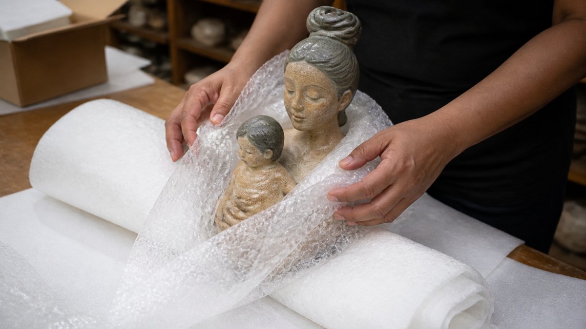 Hands carefully wrapping a ceramic sculpture with bubble wrap and protective layers, showing proper technique for securing delicate details and fragile components