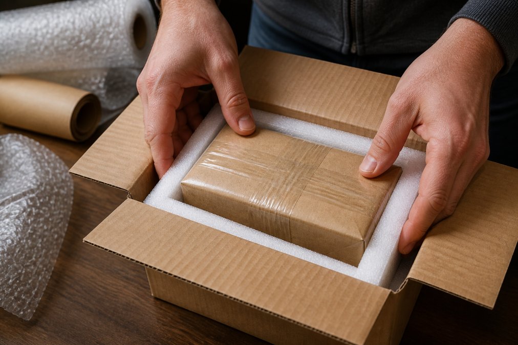 Close-up of hands carefully wrapping a gold package in layers of bubble wrap and kraft paper, then placing it into a small corrugated box with foam padding visible around all sides, showing the inner box sealed with reinforced filament tape