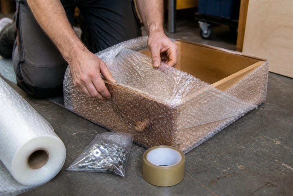 Close-up of hands wrapping a wooden drawer in bubble wrap on a workshop floor, with a hardware bag and roll of tape beside it