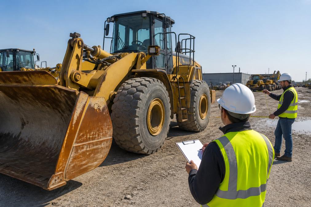 Heavy equipment being inspected and measured at a staging yard before shipment, with workers documenting dimensions and condition in bright daylight