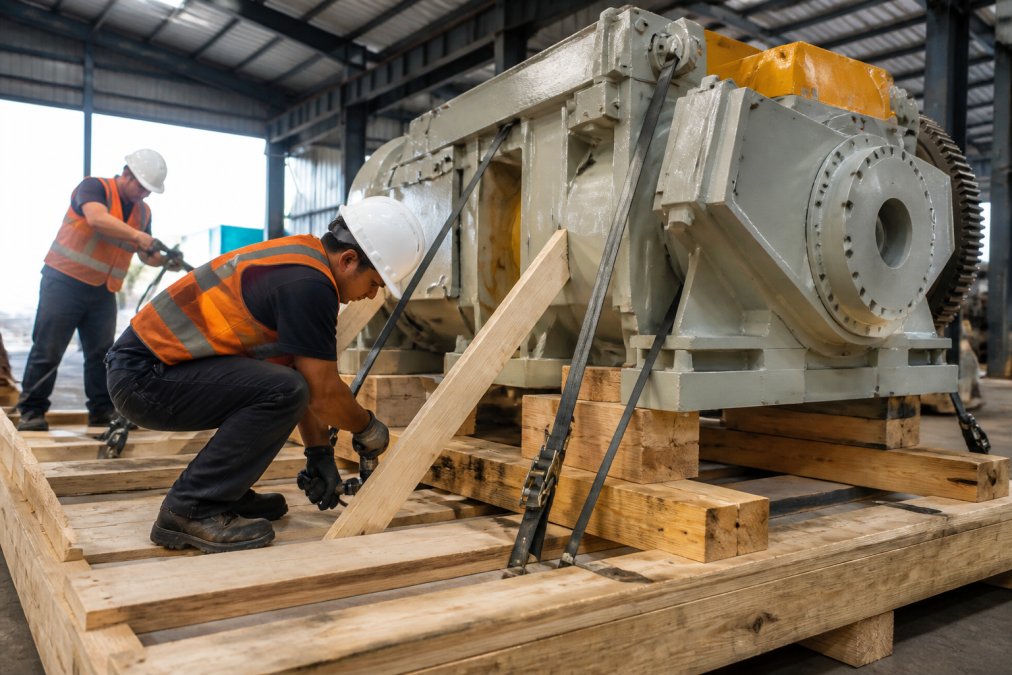 Industrial crating and securing of heavy machinery with steel straps and wooden supports in a warehouse setting, workers using power tools and securing equipment