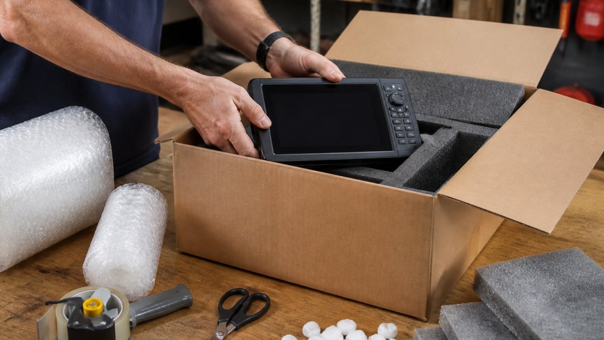 Professional hands carefully placing a marine GPS chartplotter into a foam-lined shipping box with bubble wrap and protective materials arranged around it, natural workshop lighting