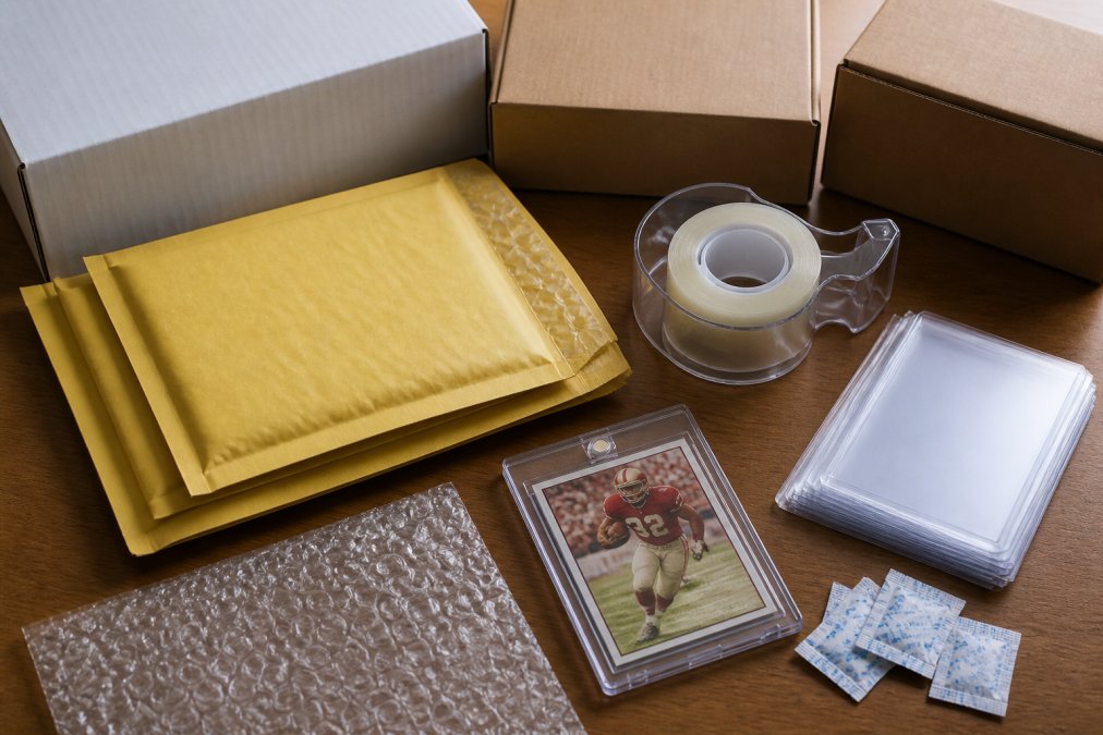 Flat lay of packing materials arranged neatly on a clean workspace including bubble mailers, rigid holders, penny sleeves, clear packing tape, silica gel packets, and cardboard boxes