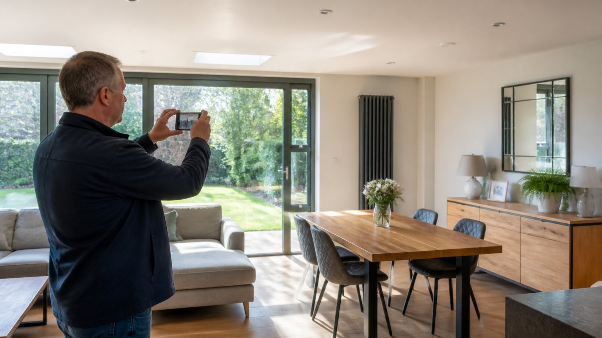 Person holding a smartphone at chest height inside a bright residential room, demonstrating proper level positioning to capture interior space without vertical line distortion, with natural light from windows