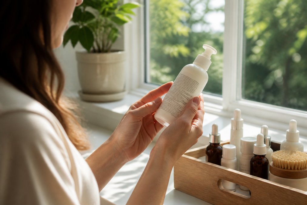 Person's hands holding a skincare product bottle while reading the ingredient label carefully under natural morning light near a window