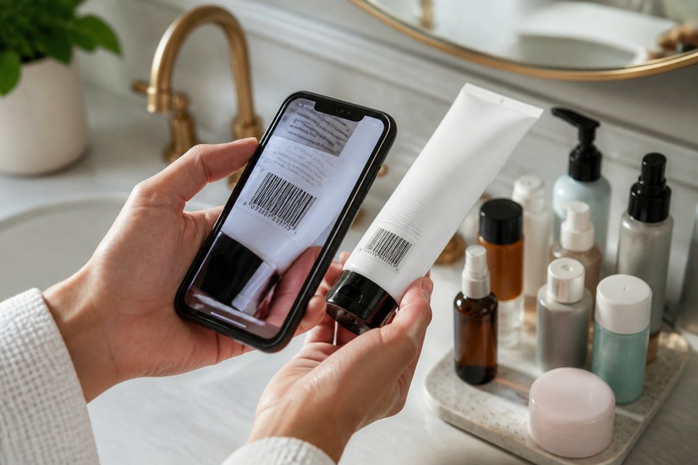 Person's hand holding a smartphone with the Think Dirty app open, scanning a beauty product barcode in a well-lit bathroom with skincare products on the counter