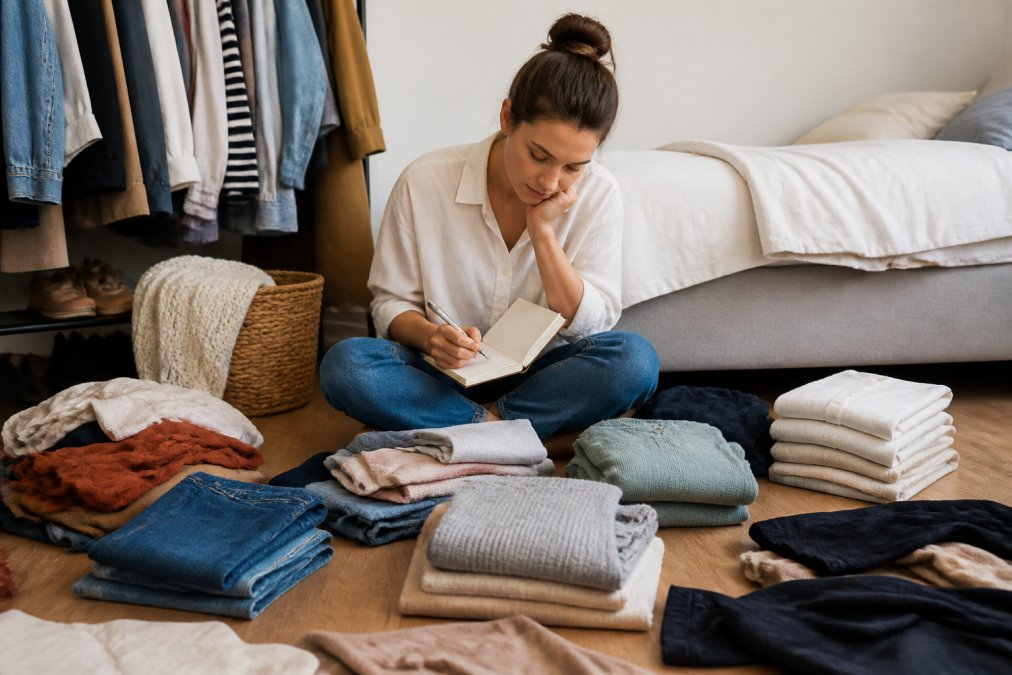Person sitting on bedroom floor surrounded by folded clothing, holding a notebook, organizing items into piles for a wardrobe audit