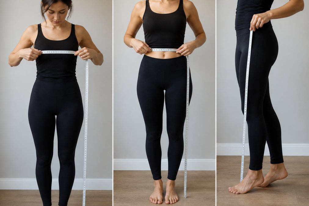 Person measuring bust, waist, and inseam with soft measuring tape while wearing fitted clothing, showing proper measurement technique with tape positioned horizontally against neutral background