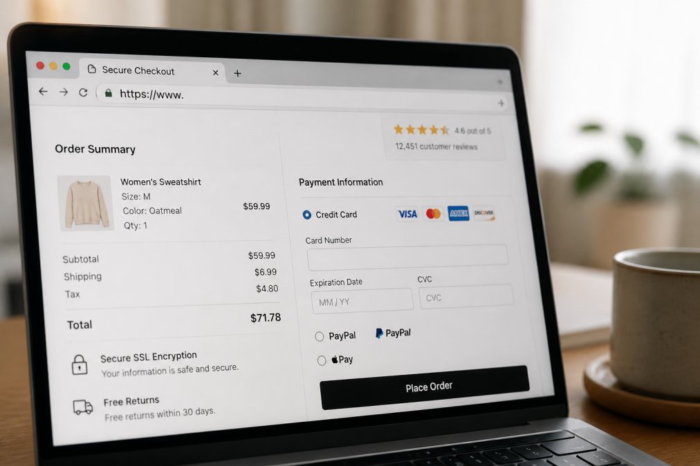 Close-up of laptop screen showing secure checkout page with HTTPS protocol, padlock icon, and customer review ratings visible in browser address bar and payment section